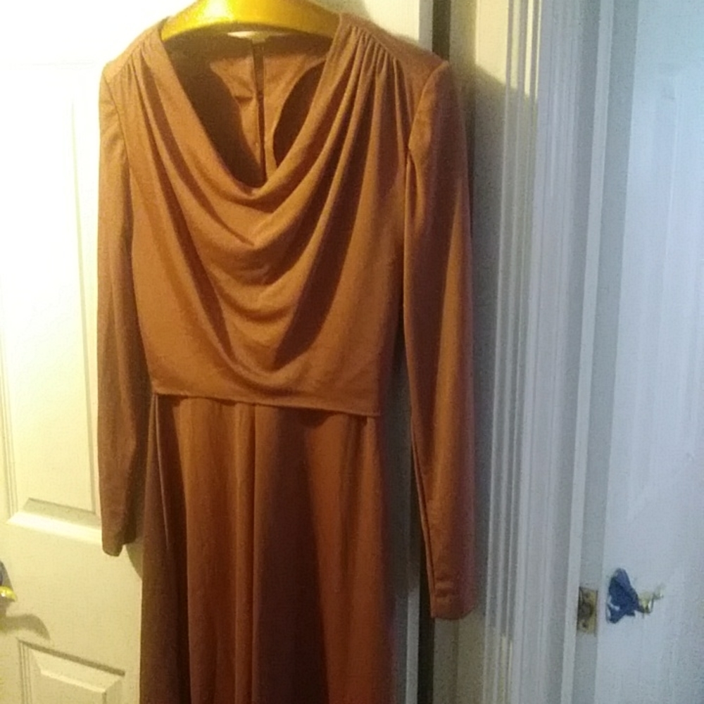 Vintage champagne cooper swoop neck dress with button up back
